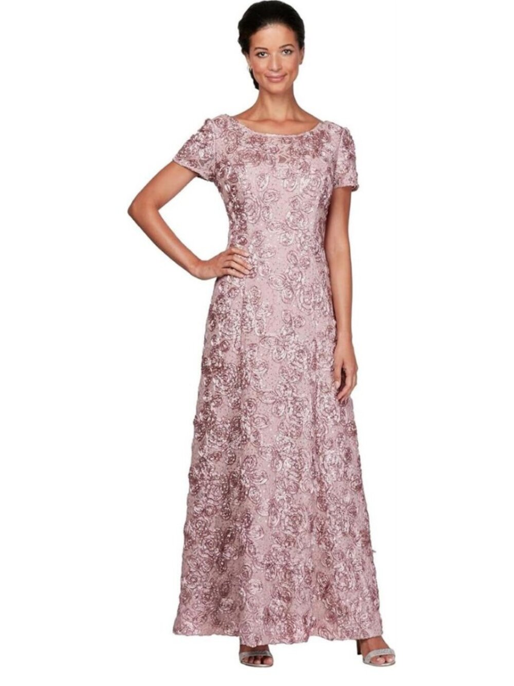 ✨ Alex Evenings Evelyn Rosette Lace Long Gown 12 NWT Rose